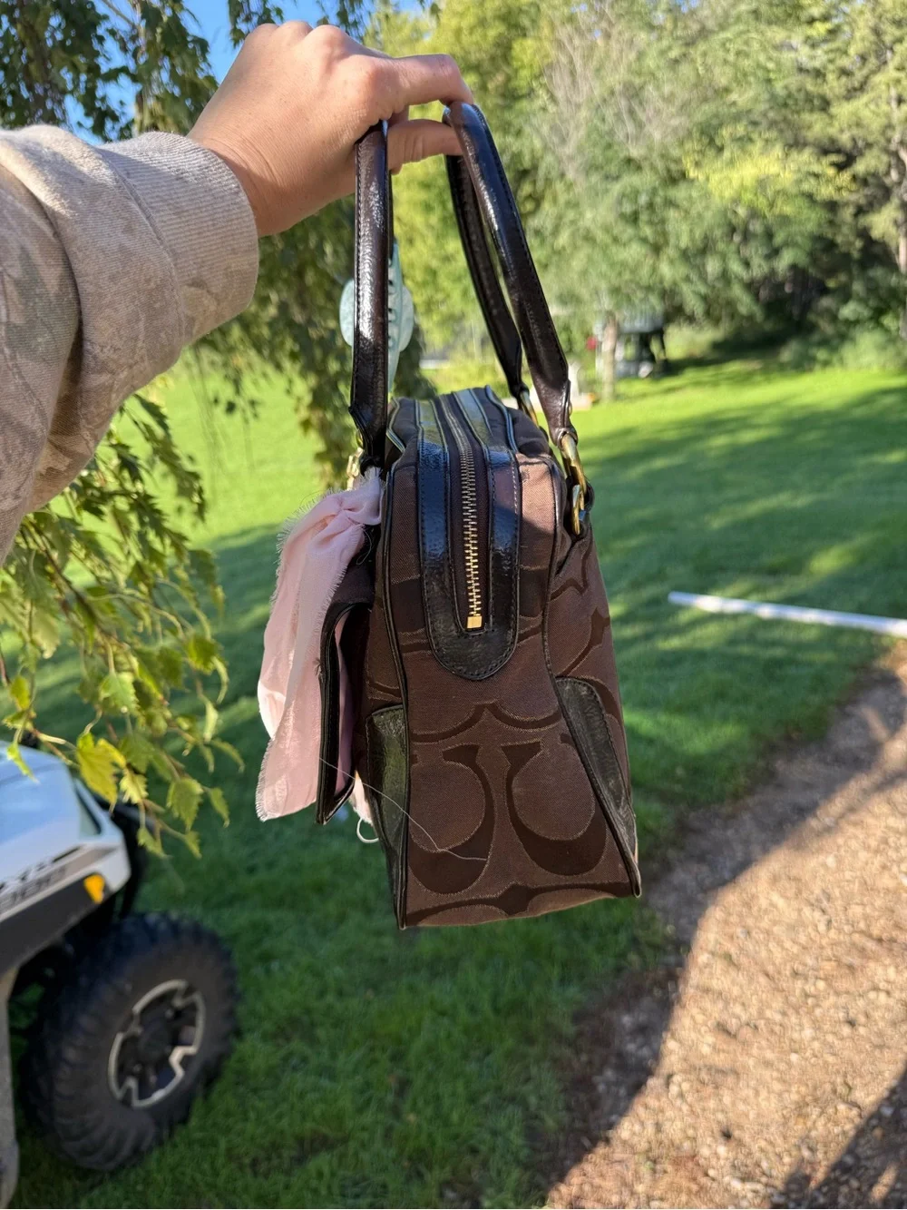 Coach Brown Signature Pattern Satchel with Gold Hardware
